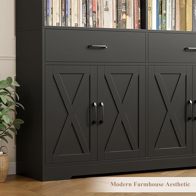 HOSTACK 78" Tall Bookshelf with Doors, Double Wide Bookshelf with Storage Drawers, Large Bookcase with Cabinet and 8 Open Display Shelves, Farmhouse Wood Bookcase Book Shelf for Living Room, Black