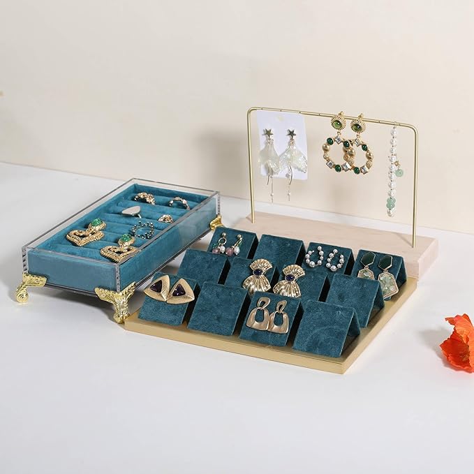 GemeShou Golden coated earring display stand for selling, velvet stud earring holder for jewelry display, Jewlery earring storage organizer tray, studs holder jewelry organizer【Earring holder-Blue】