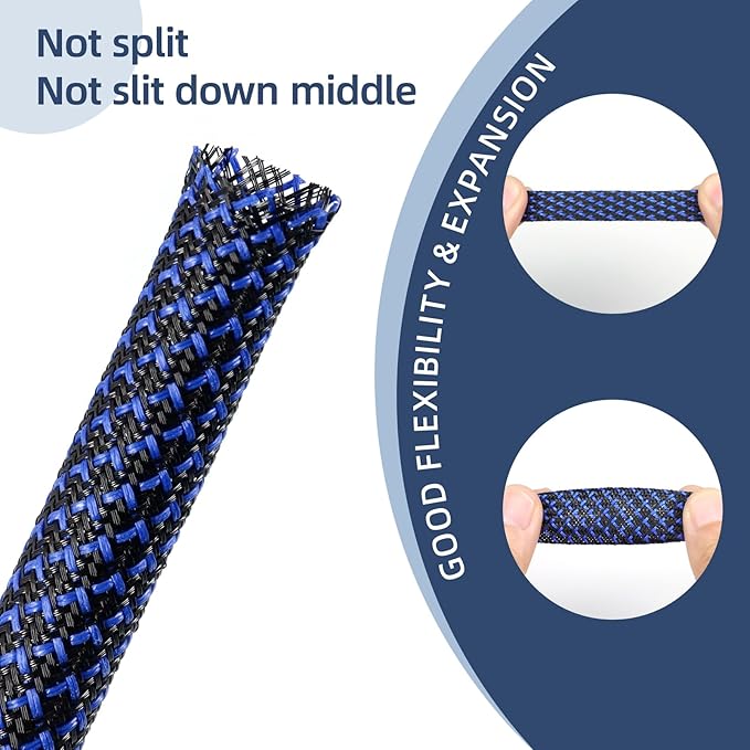 Braided Cable Sleeving, PET Expandable Braided Cable Sleeve, Flexible Mesh Sleeving Cord Management for Audio Video and Other Home Device, Cord Protector from Pets (Black Blue-2, 5/8")