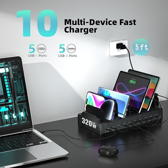 320W Charging Station for Multiple Devices, Zobirez 10-Port USB C Fast Charger Stations for MacBook, iPhone, Android Cell Phone, iPad, Tablet, Family Multi-Device Organizer Charging Dock, Black