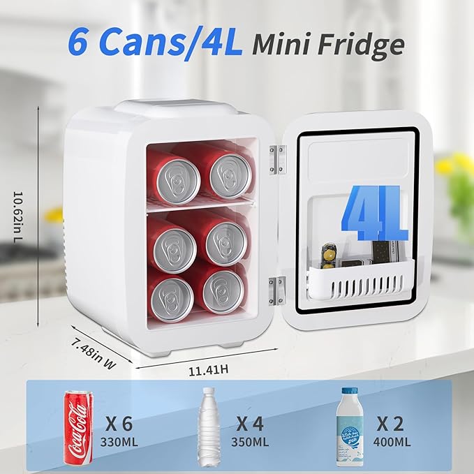 Mini Fridge, 4 Liter/6 Cans Small Refrigerator for Skincare, 110V AC/ 12V DC Thermoelectric Cooler and Warmer for Drink Office Dorm Bedroom Car, White
