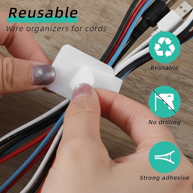 100Pcs Hook and Loop Cable Straps, Adhesive Wire Management Appliance Cord Organizer Self Adhesive Cable Ties for Kitchen Office Household Essentials, Easily Organize Desktop Wires (White)