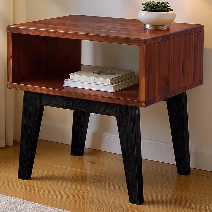 Acacia Serena Nightstand Solid Wood Nightstand with Open Storage Shelf, Wood Bedside Table, Night Stands for Bedroom - Americano