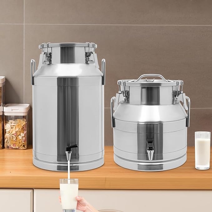 12~60L Heavy-duty 201 Stainless Steel Milk Can with Drip-free Spigot, Water Beverage Drink Dispenser Milk Pail Bucket for Milk Wine Oil (60L)