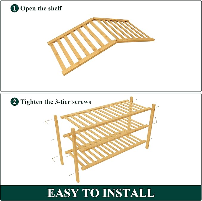 Smiry Bamboo Shoe Rack for Closet, 3 Tier Wooden Stackable Shoe Organizer, Free Standing Shoes Storage Shelf for Entryway, Front Door Entrance, Natural & Black