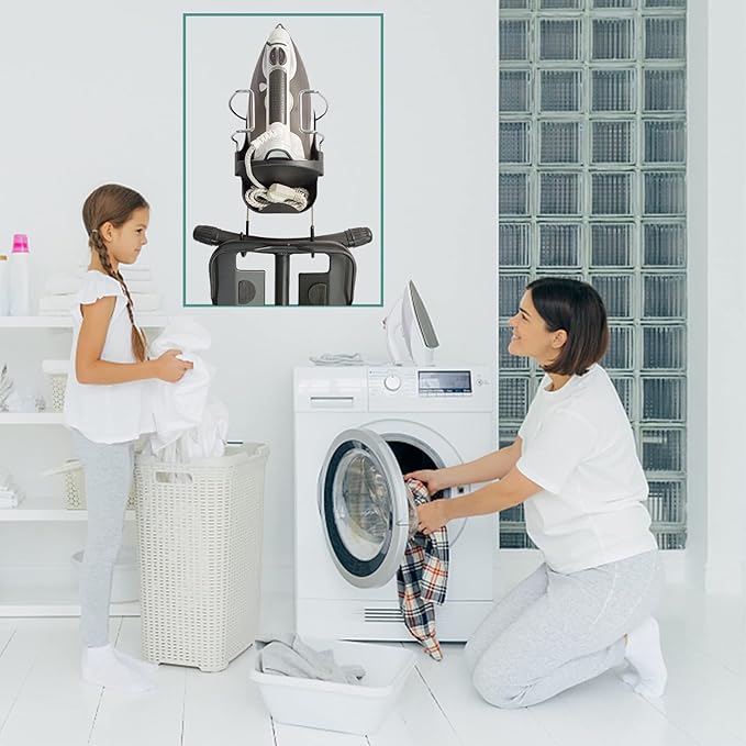 Ironing Board Hanger Wall Mount Electric Iron Holder Iron and Ironing Board Storage Organizer Shelf with Removable Hooks for Household Bathroom Laundry Room (Black)