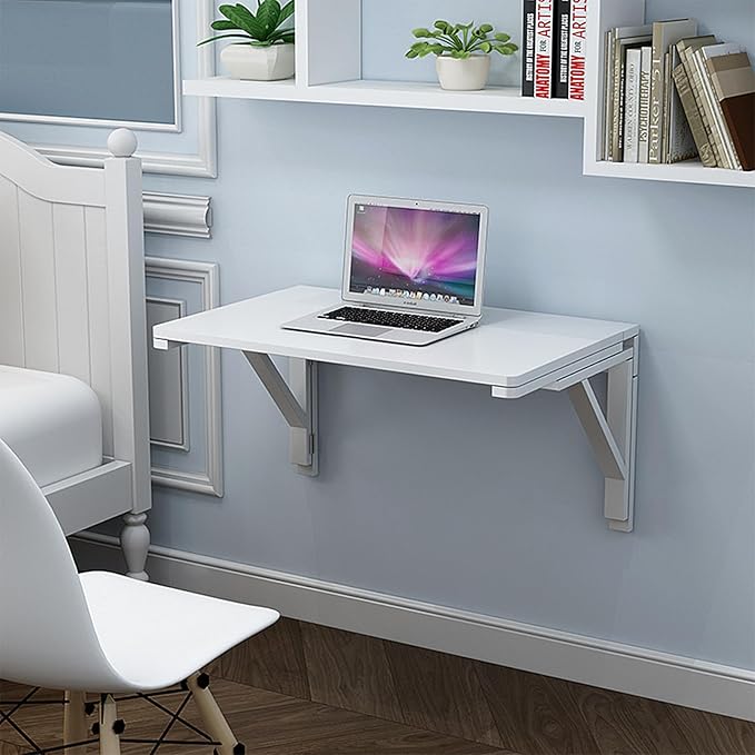 MM MELISEN Wall Mounted Folding Table - White 37.4x21.6 Inch Wood Space-Saving Drop-Leaf for Laundry, Kitchen, Bedroom. Mounts securely, Folds Flat. Compact Workstation for Dorm, Studio, Small Space
