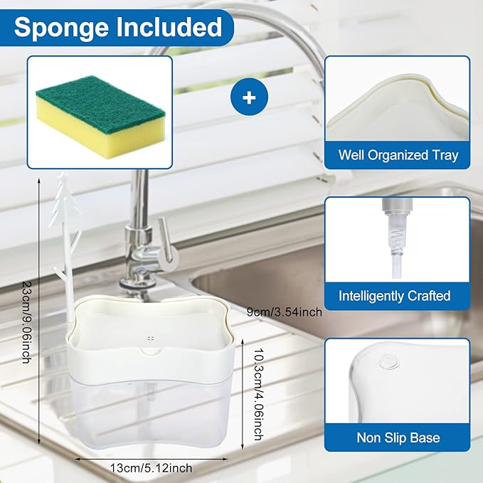 Premium Quality Dish Soap Dispenser - Countertop Kitchen, Sink Dish Washing Soap Dispenser 13 Ounces (Sponge Included)