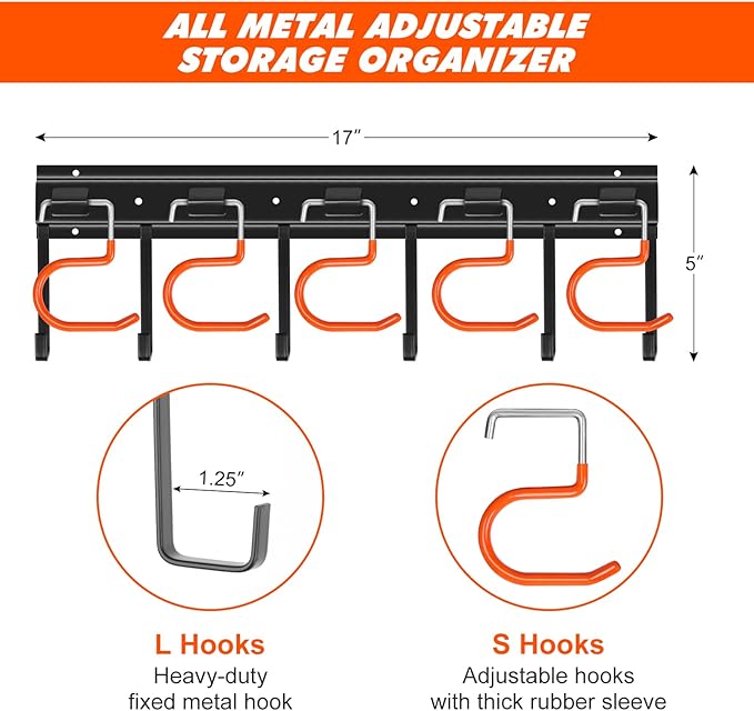 68'' All Metal Garden Tool Organizer Wall Mount Garage Tool Organizers and Storage Broom Holder Wall Mount with Hooks Tool Hangers for Shed