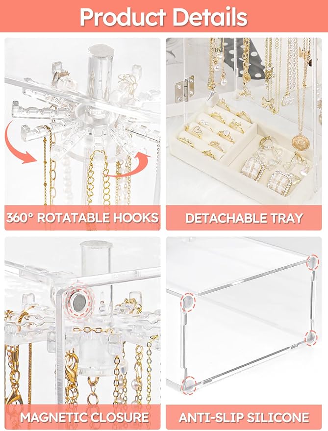 Cirhy Necklace Holder, Acrylic Necklace Organizer with 24 Rotating Hooks, Dust-Proof Jewelry Display Case for Necklaces, Pendants, Earrings, Rings, Enclosed Clear Storage Stand with Velvet Lined Tray