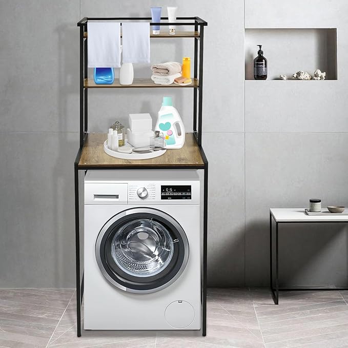 Over Washer and Dryer Shelves,Dryer Storage Shelf,3 Tiers Laundry Room Storage and Organizer Standing Shelf,Height Adjustable Laundry Room Shelves, Load-Bearing Capacity 22lbs (Black+ Oak)