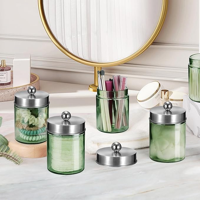 Amolliar Sage Green Qtip Holder, Glass Apothecary Jar Metal Lid & Sticker, Bathroom Qtip Dispenser Storage Canister, Perfect for Cotton Balls Swabs, Round Pads, Bath Salt, Floss, Brushed Nickel 4 Pack