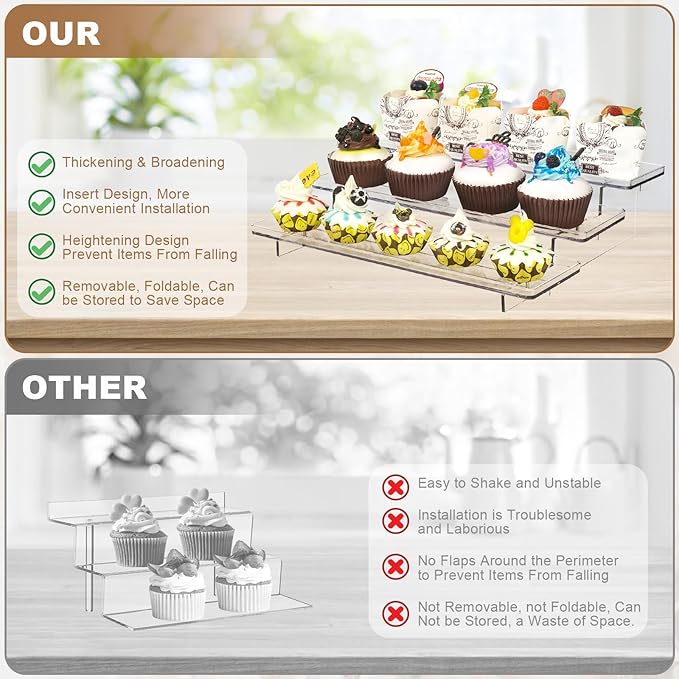 ULENDIS 2 Pack 3 Tier Acrylic Stands for Display, 12 inch Clear Display Stand Risers Shelf for Cupcakes Perfumes Figurines, Tabletop Cupcake Stand for Decorating & Organizing(11.8"x9.4"x3")