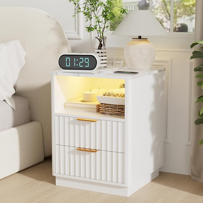 VOWNER Fluted Nightstand with Charging Station, 18” Night Stand with 2 Drawers, Faux Marble Top End Table with Storage Shelf, Curved Profile Side Table, Bedside Table for Bedroom Living Room, White