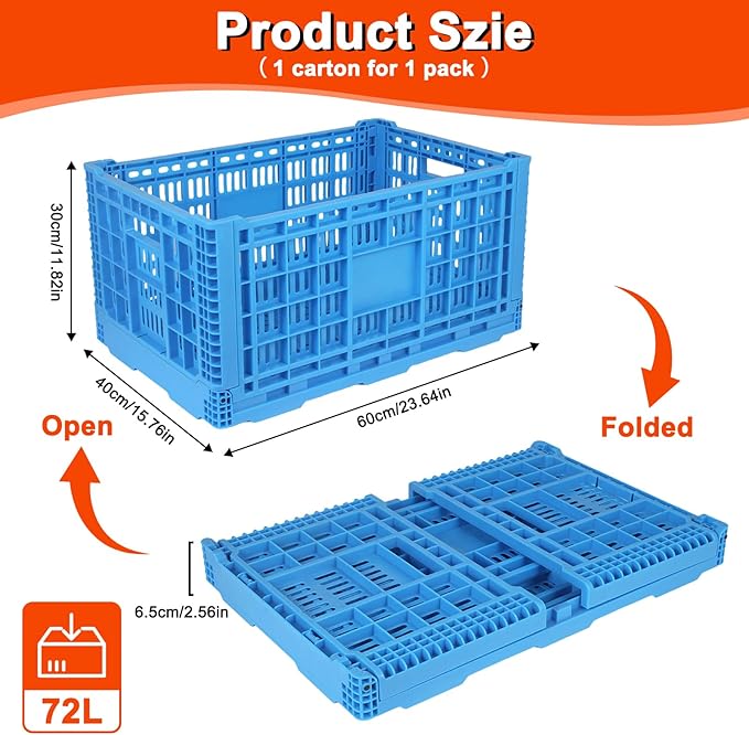 72L Collapsible Milk Crates with Handles, Plastic Storage Crates, Milk Crates for Storage, Foldable Storage Crate for Organizing, Grocery & Camping (1 pack) (23.6 "L × 15.7" W × 11.82 "H)