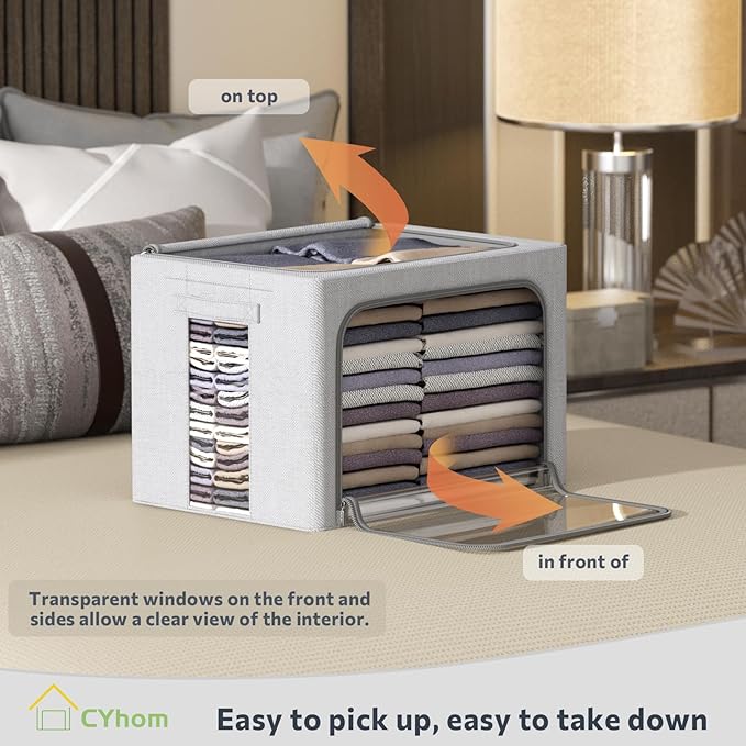 CYhom 3Pack Foldable Storage Bins - Frame Storage Box Linen Fabric Stackable Clothes Container Organizer with Clear Window & Carry Handles Large Capacity (Large-66L, Light Grey)