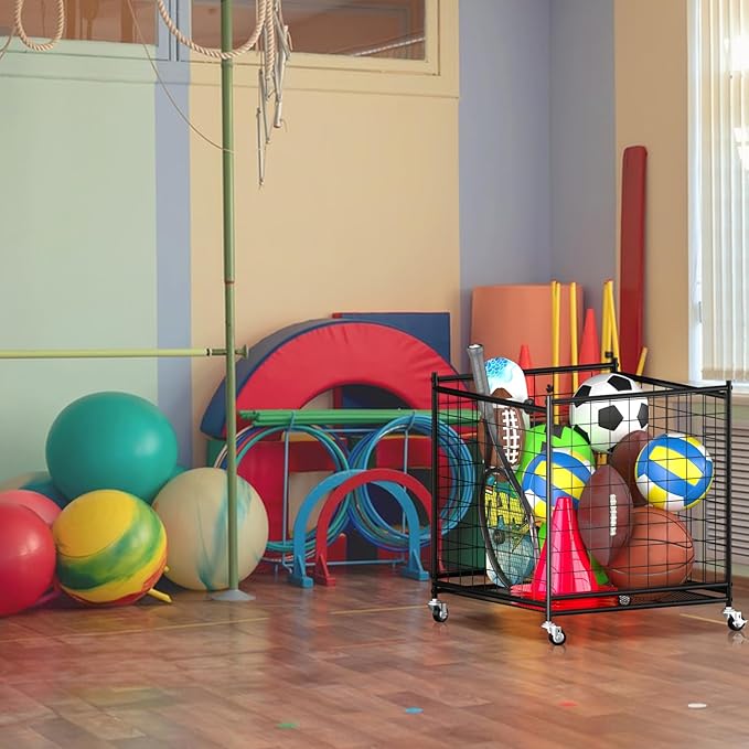 Ball Storage - Basketball Cart With Wheels Garage Volleyball Storage Sport Equipment Holder Organizer For Indoor Outdoor,Metal Storage Rack For Playgroup,Gym And School