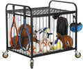 MyGift Large Capacity Metal Rolling Multi Sports Ball Cage Storage Hopper, Gym Equipment Basket Cart with Lockable Latch, Heavy Duty Caster Wheels, and 8 Accessory Hooks