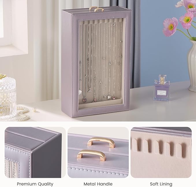 Lolalet Necklace Organizer Box, 2-Layer Jewelry Storage Boxes with Clear Lid for Necklaces, Tangle-Free Necklace Display Case for Women Girls -Dusty Purple
