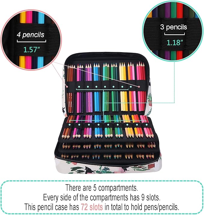 JAKAGO 220 Slots Colored Pencil Case Large Capacity Pen Holder for Artist Painter Zipper Organizer Bag for Marker Highlighter Storage Case for Office Sketch Travel Supplies (Green Plant Cat)