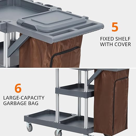 Commercial Janitorial Cleaning Cart on Wheels with Cover and Vinyl Bag, 3-Shelf Custodial Cart Housekeeping Carts for Hotels, Stores, Schools, and Business