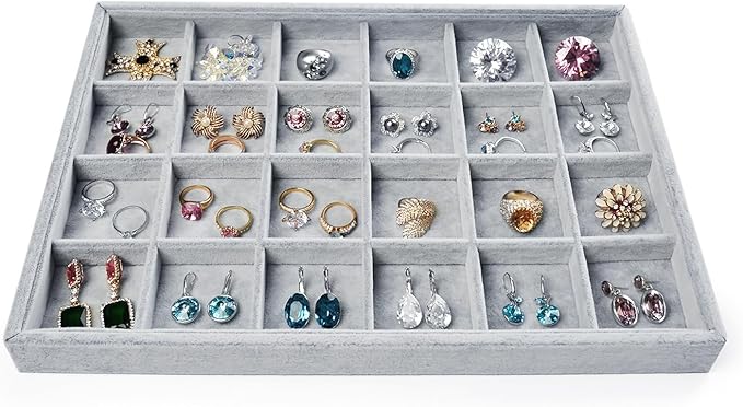 Oirlv 24 Grid Ice Velvet Jewelry Drawer Organizer Tray Stackable Jewelry Trays Removable Dividers for Rings Earring Storage Display