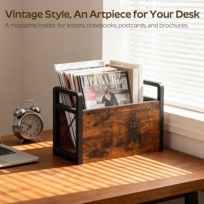 Magazine Holder, Magazine Rack Floor, Magazine Storage Basket, Magazine Rack for Desktop Home Office, Wooden Mail Organizer for Books, Newspapers, Mails, Rustic Brown and Black MR01BR