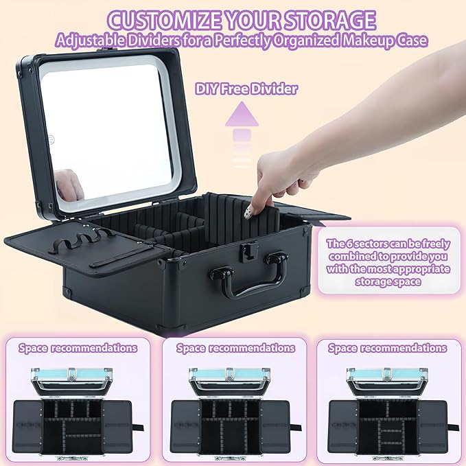 Makeup Organizer Box with Detachable Lighted Mirror, Travel Train Cosmetic Case, Adjustable Divider Storage Bag, Portable Artist Storage Suitcase with Magnetic LED Mirror - Star White