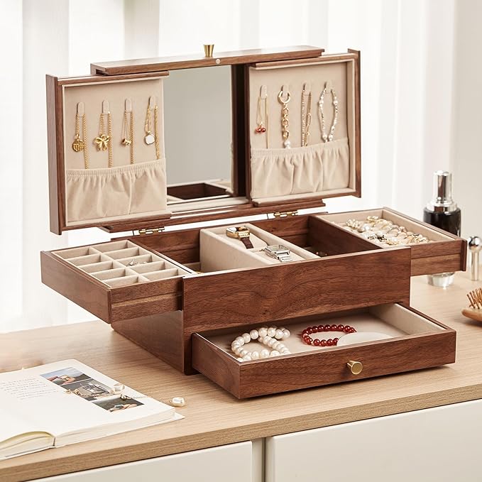 CHOSIN Black Walnut Wooden Jewelry Box for Women, 3 Level Multi-functional Drawer Organizer Box Watch Necklace Ring Earring Storage