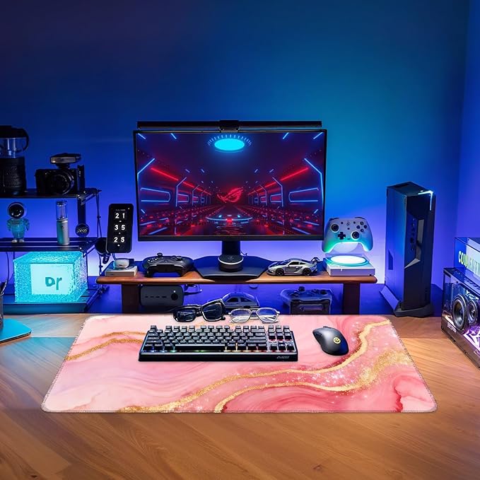 Pink and Gold Stripes Gaming Mouse Pad 31.5"x11.8"Desk Mat Anti-Slip Rubber Base & Durable Stitched Edges for Gamers Smooth Mouse Writing Surface for Desk Office/Home
