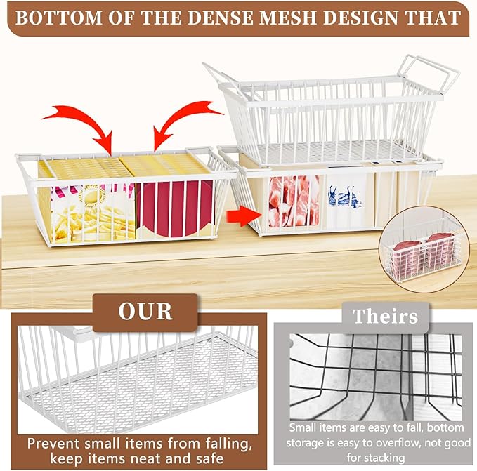 Freezer Organizer Bins ，Enhanced Leak-Proof Bottom，4 Pack Stackable Deep Freezer Organizer Bins for 5 Cu.FT Small Chest Freezer，Easy Get Bottom Foods without Digging （for 5 Cu.Ft