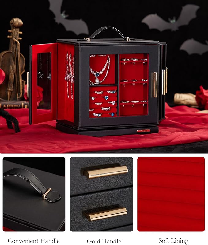 Homde Christmas Gifts Jewelry Box 360° Rotating, Necklace Earring Organizer with Transparent Window, Mirror, 7 Drawers, Large Ring Display Storage Case for Girls Women (Black + Red)