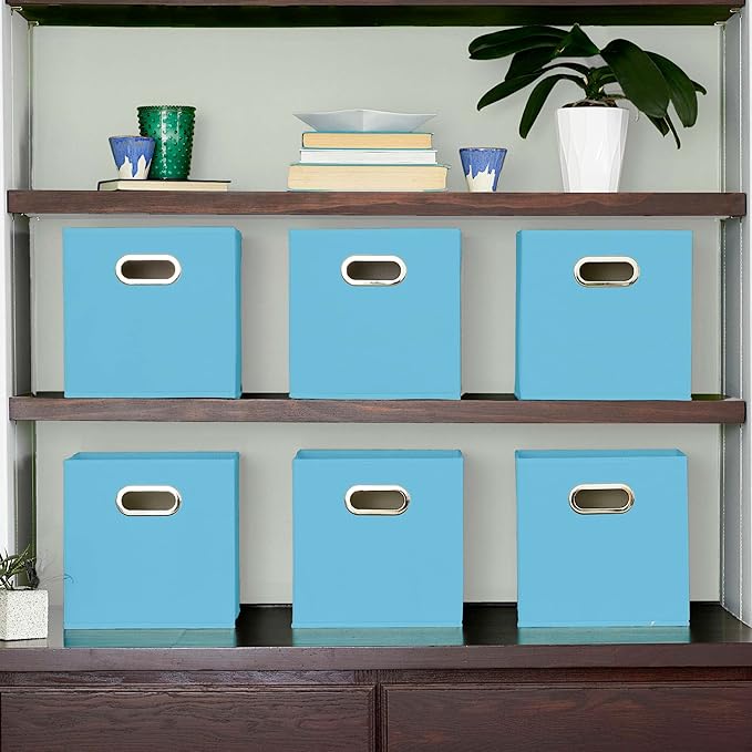 Household Essentials Foldable Fabric Storage Cubes 6-Pack – 11x11x11 Stackable Non-Woven Bins with Chipboard Sides & Grommet Handles – Closet, Shelf, Nursery, or Office Organizer – Carolina Blue