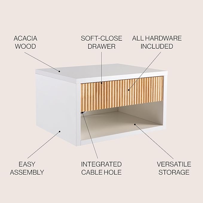 JONATHAN Y NST2001B Elise 15.71" Classic Contemporary Floating Wall Mounted Nightstand with Soft-Close Tambour Drawer and Cable Hole, White/Light Oak