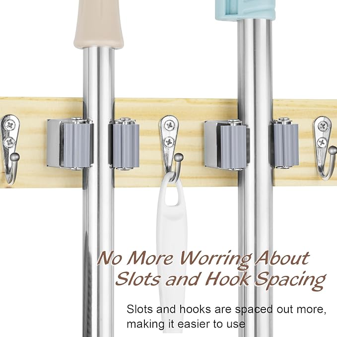 Mop and Broom Holder Wall Mount - Light Wood Broom Mop Hanger - Wall Mounted Garden Tool Rack Organizer for Closet Garage Laundry Room Kitchen With 4 Slots & 4 Hooks