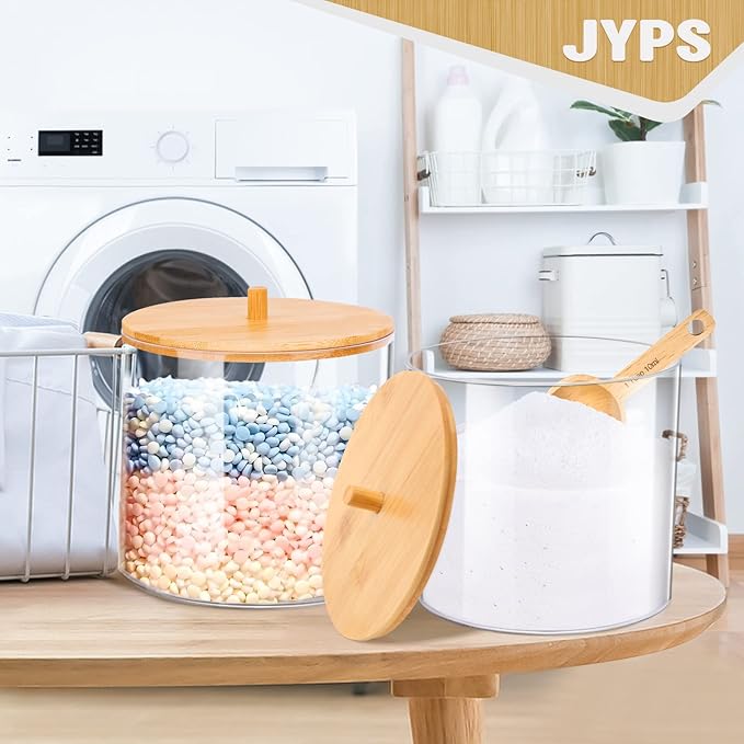 JYPS 1+1 Large-Capacity Laundry Pods Container with Bamboo Lid, Clear Acrylic Powder Detergent Containers for Pods, Scent Boosters & Powder, Laundry Room Organization decor, Storage Jars Set