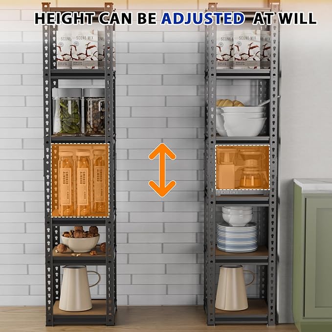 Karl home 6-Tier Metal Shelving Unit, Heavy Duty Shelf Organizer & Storage Rack,Adjustable Height Storage Shelve, Black Metal & Natural Wood Display Shelf for Garage, Kitchen, Pantry