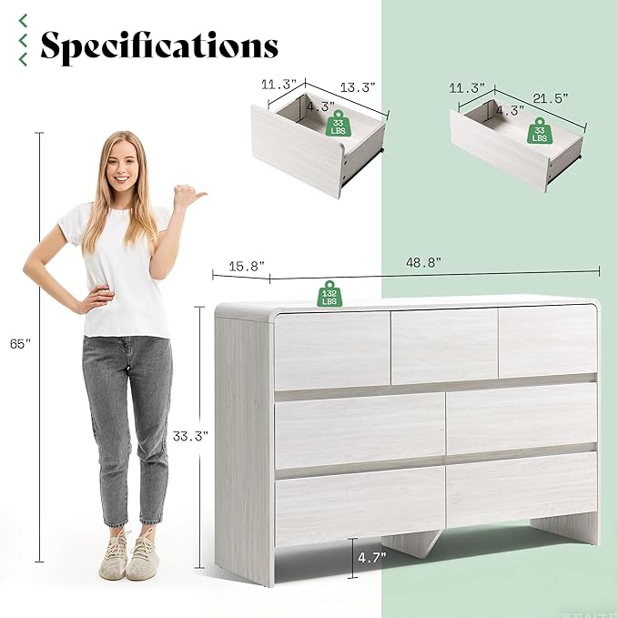 AMERLIFE 7 Drawer Dresser for Bedroom, 49" Wide Modern Chest of Storage Drawers with Rounded Corners, Anti-Tip Kit, Wood Cabinet Organizer for Closet, Living Room, Nursery, Easy Assembly, White