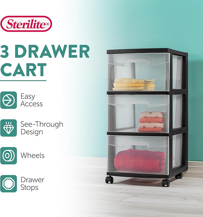 Sterilite 4-Pack 3-Drawer Rolling Plastic Storage Cart, Black Frame and Clear Drawers – Home, Office, or Dorm Portable Organizer with Removable Wheels
