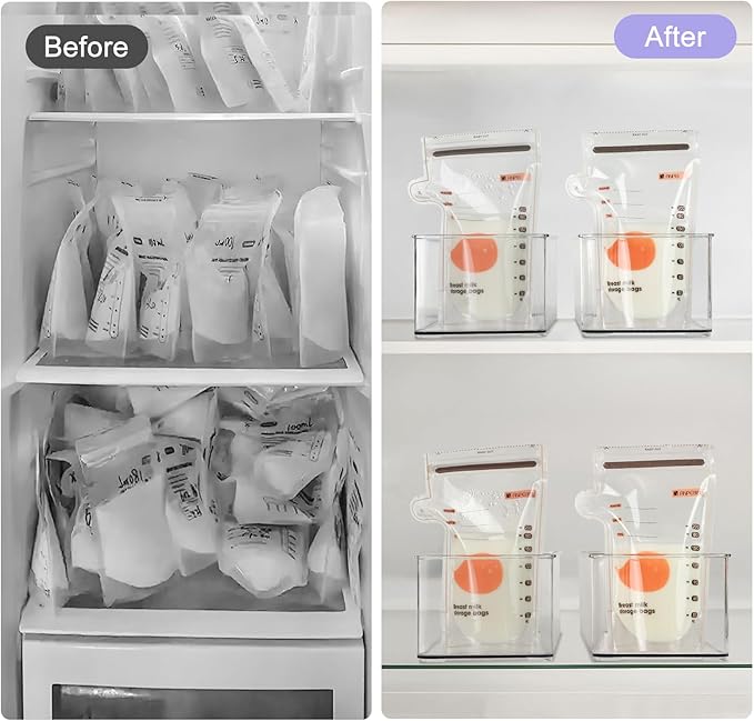 Hudgan 4 Pcs Storage Container Breastmilk for Fridge, Clear Organizer Bins for Milk Bags, Plastic Storage Bins for Freezer, Pantry, Bottles Bathroom, Vanity, Drawer and Yogurts
