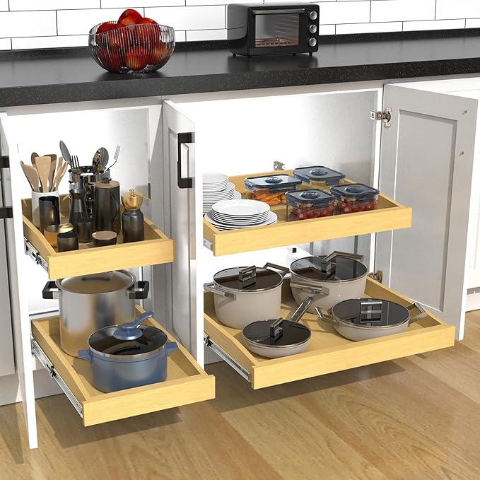 2 Tier Pull Out Cabinet Organizer, 17"W x 21"D Solid Wood Heavy-Duty Base Bottom Assembly Slide out Drawer Shel Cabinet Organization for Kitchen, Pantry, Bathroom