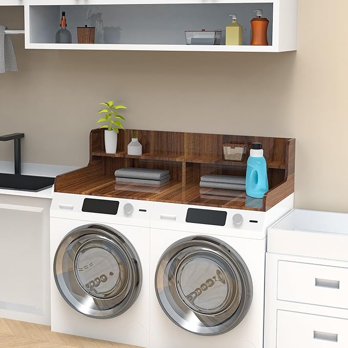 2-Tier Washer Dryer Countertop with Charge Station, 54" x 27.5" Top Cover for Laundry Machine, Washer and Dryer Wood Shelf Topper for Laundry Room Counter Storage Organization, Walnut