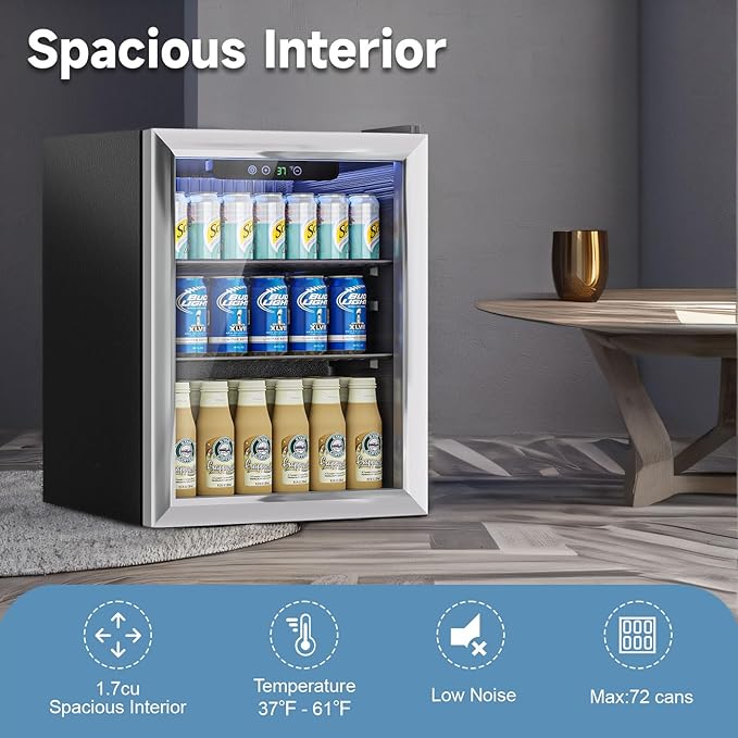 1.7 Cu.Ft Mini Fridge for 76 Cans, Beverage Refrigerator with Glass Door and Digital Display, Small Drink Fridge for Soda, Beer, or Wine, Adjustable Shelves, Compact Fridge for Bedroom Office