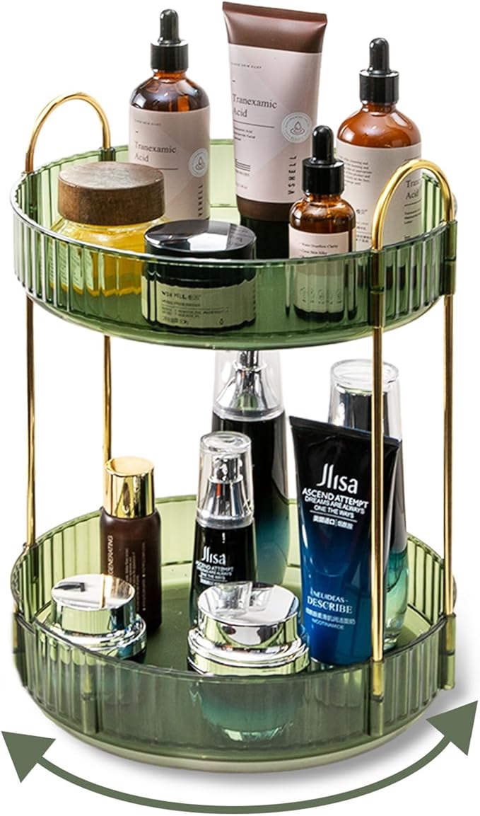 360 Rotating Makeup Organizer for Vanity,2 Tier Large Capacity Skincare Organizers,Bathroom Counter Organizer, Spinning Perfume Organizer & Vanity Organizer (Green-2 Tier)