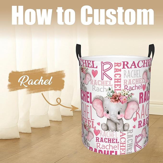 Custom Name Laundry Hamper, Personalized Elephant Laundry Basket with Name for Boys Girls Kids Men Women, Customized Name Dirty Clothes Basket Gifts for Clothes Toy Bathroom Bedroom Laundry Room Dorm