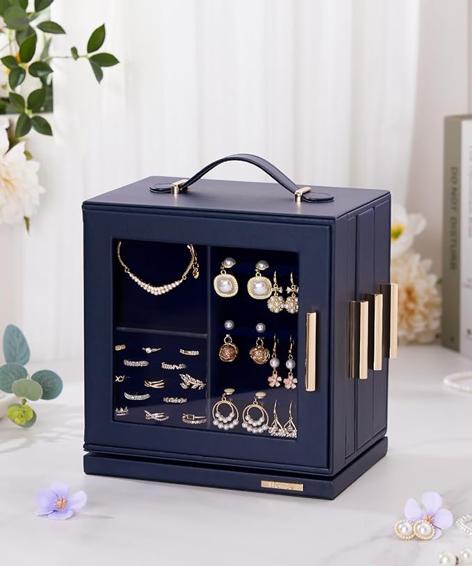 Homde Christmas Gifts Jewelry Box 360° Rotating, Necklace Earring Organizer with Transparent Window, Mirror, 7 Drawers, Large Ring Display Storage Case for Girls Women (Dark Blue)