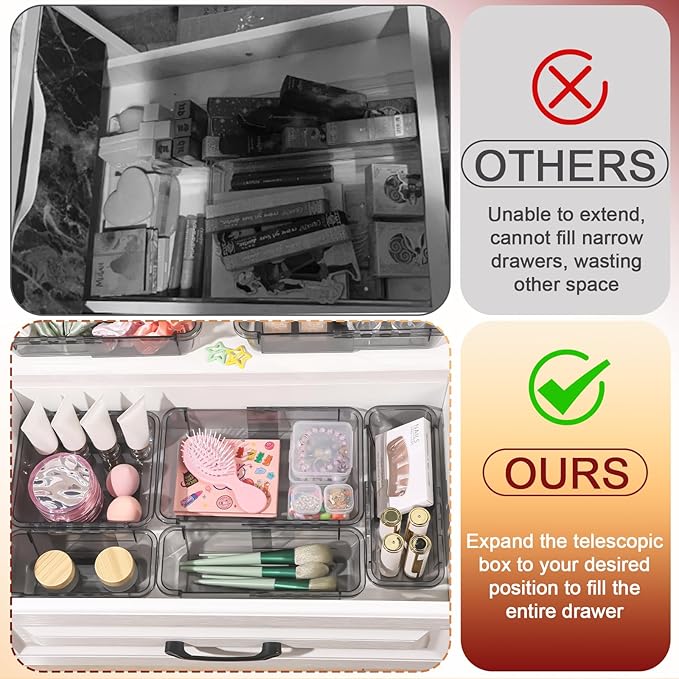8 Pcs Extendable Clear Drawer Organizer, All Adjustable Vanity Storage Box, 2-Size Desk Drawer Organizer, Acrylic Storage Bins for Makeup, Bedroom Dressers Tool Organizer for Gadgets, Black
