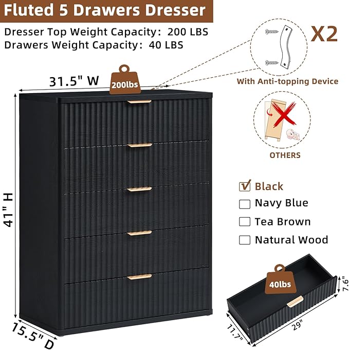 LEYAOYAO Fluted 5 Drawers Dresser for Bedroom, 41" Tall Modern Chest of Drawers with Metal Handle, Curved Profile Design,Black Wood Drawer Organizer for Bedroom, Living Room, Hallway, Entryway