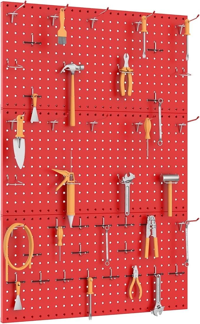 TORACK 3 PCS Metal Pegboard Panels(12x24 inch) for Wall Garage Tools Storage Pegboard System for Workbench, Modular Peg Board Tool Organizer Board Kit(Pack of 3, Red)