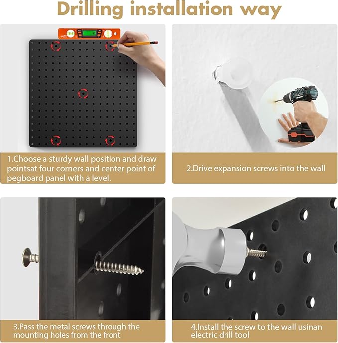 FZK Pegboard 32"*32",Black Pegboard 4pcs and 46 Peg Board Hooks with Strong Ribs Back Holds up for 200Ib,Peg Board Organizer for Walls for Garage Workshop Office